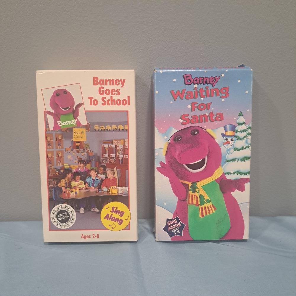 VTG Barney Goes To School & Waiting For Santa VHS Tape Lot Kids Sing Along Retro